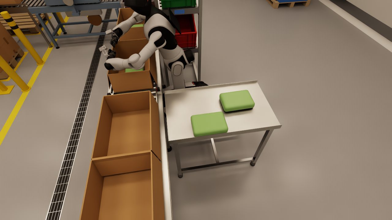 The AgiBot G2 humanoid at the pick table of the pack-off cell, with green sealed bags on the table and open cartons on the conveyor