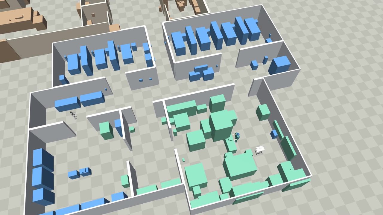 A fast-physics model of a building with walls, furniture and a humanoid robot in a corridor