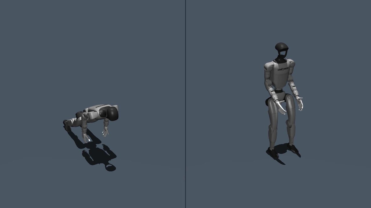 Two Unitree G1 models in MuJoCo: the untrained policy has fallen, the trained policy stands
