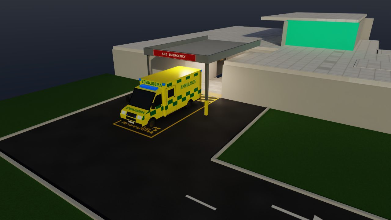 The A&E ambulance entrance with a canopy and an ambulance in the bay