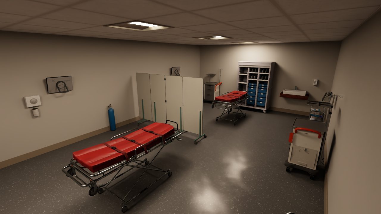A&E resus area with two trolley bays, monitors and crash trolleys