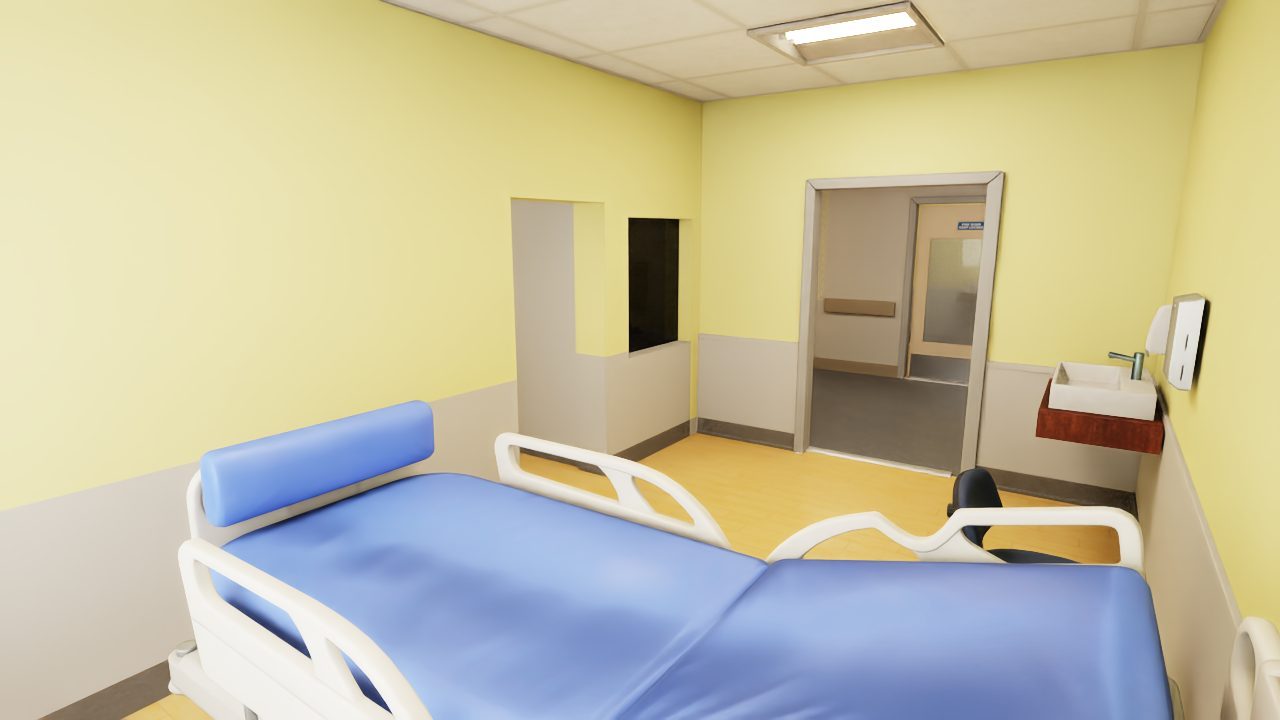 A ward bedroom with a bed, with the door to the en-suite at the back
